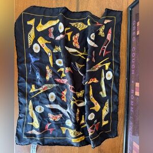 Salvatore Ferragamo Black Silk Scarf with high heel, floral, butterfly Italy